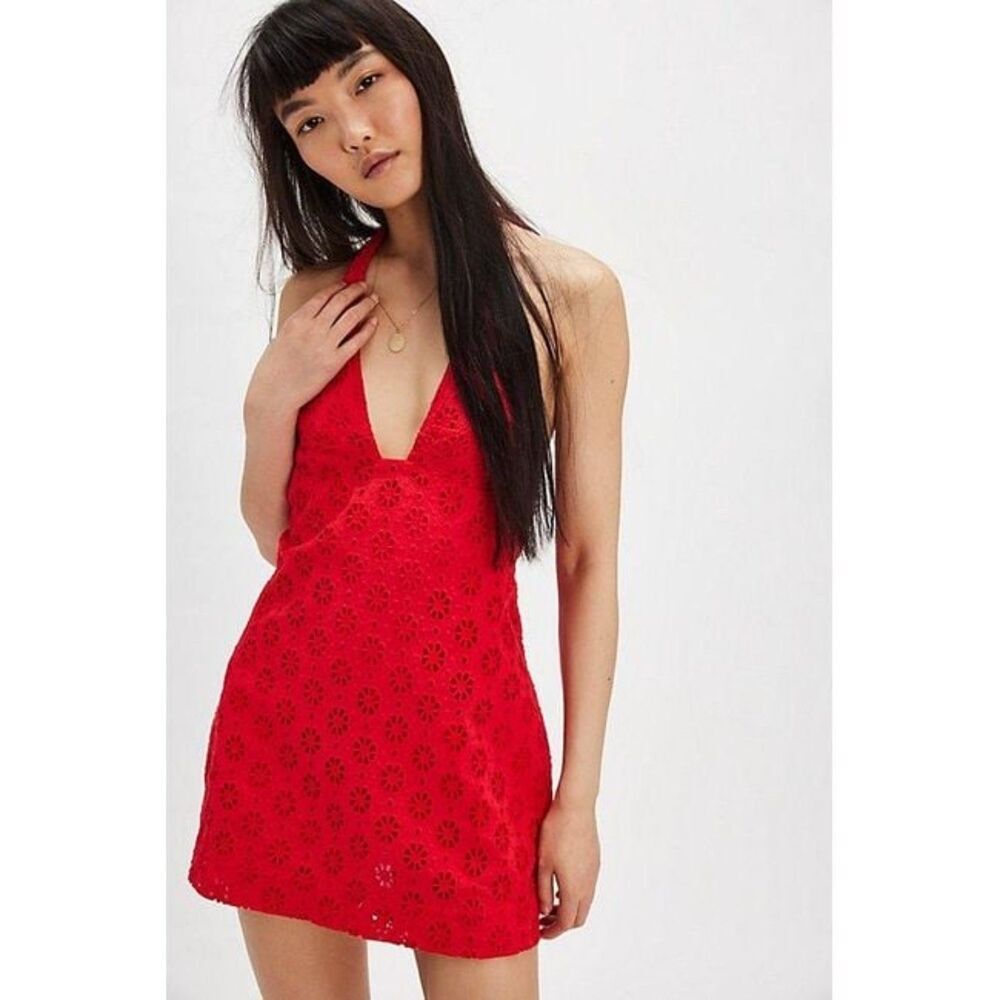 Free People Embroidered Halter 100% Cotton Red Trevi Eyelet Mini Dress Sz L NWT